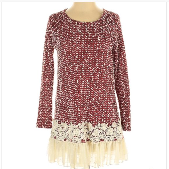 Red and Ivory Pull Over Sweater Floral Tulle Hem - Picture 1 of 4